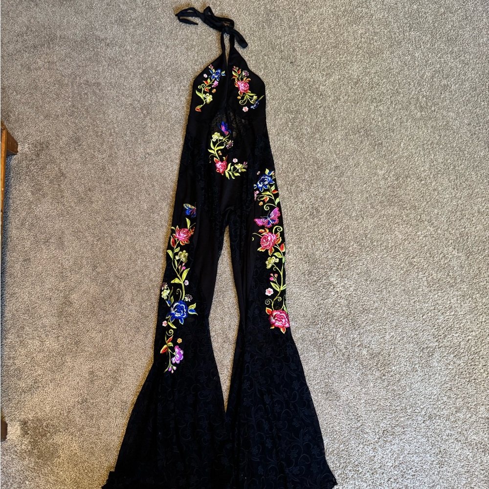 NWT Dolls Kill Black Embroidered Halter Jumpsuit with Floral Accents